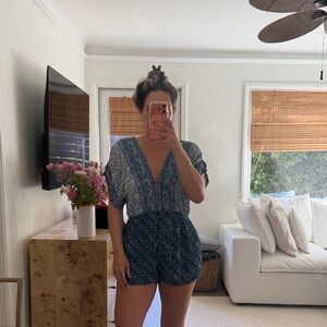 Free People Blue Printed Short Sleeve Romper